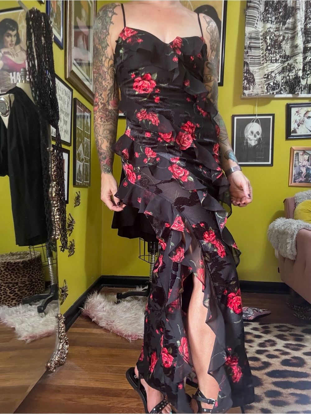 BCX Black Floral Rose Burnout Ruffle Maxi Dress Small